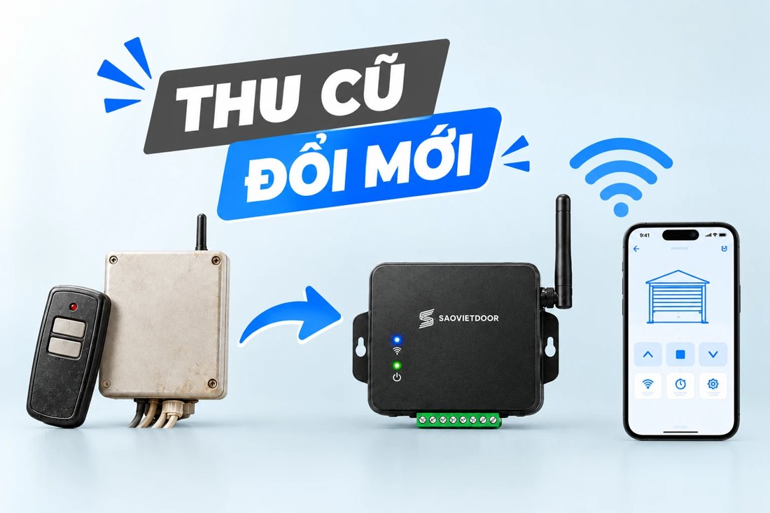 Thu cũ đổi mới: remote và hộp điều khiển cũ đổi sang bộ điều khiển Saovietdoor dùng bằng điện thoại